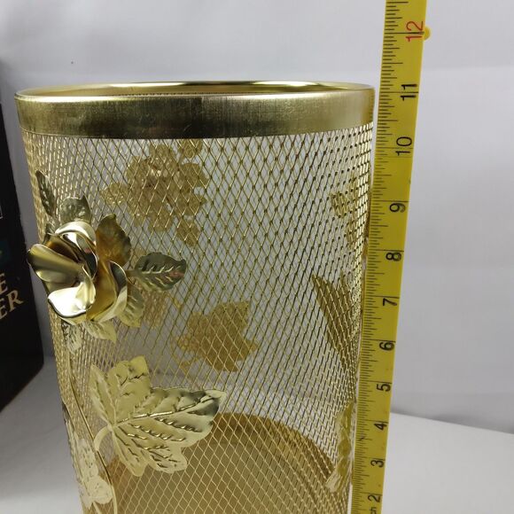 Brass Filigree Tissue Box Holder Cover Roses Garbage Can Vintage MCM - Picture 10 of 11